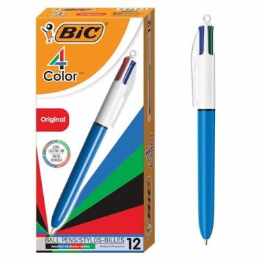 Imagem de Caneta Esferográfica Retrátil BIC, 4 Cores Clássicas, Corpo Azul, Ponta Média de 1.0mm, Pacote com 12 unidades