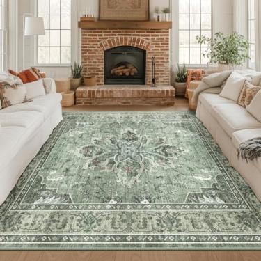 Imagem de RELEANY Tapetes quadrados de 2,4 m, lavável, antiderrapante, floral, vintage, estampado, medalhão, tapete para sala de estar, quarto, sala de jantar, verde-escuro, cinza