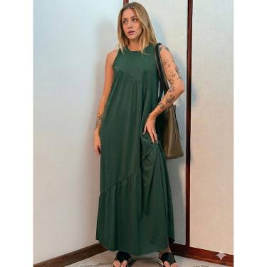 Imagem de Vestido Longo Feminino Soltinho malha algodão Aveloz Verde Oliva