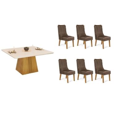 Imagem de Conjunto: Mesa de Cozinha Itália c/ Tampo Madeirado c/ Vidro Curvo 136x136cm e 6 Cadeiras Jade Cedro/Off White - Suede Moca - DJ Móveis