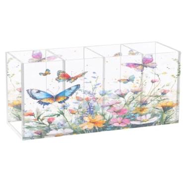 Imagem de Burbuja Porta-canetas de acrílico Wildflowers Butterflies com 4 compartimentos, suporte de lápis transparente para pincéis de maquiagem fixos, acessórios de mesa de escritório em casa