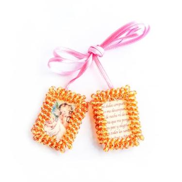 Imagem de Cordão rosa escapulário de anjo da guarda feito à mão - amuleto de proteção com contas de cristal com oração - joia católica religiosa presente para batismo, batizado ou chá de bebê, tamanho 2,5 cm x