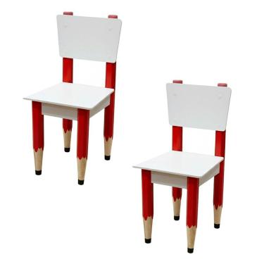 Imagem de Kit 2 Cadeiras Cadeira Infantil Lápis Vermelho Assento E Encosto Brancos Para Estudos E Desenhos Mobília Decor