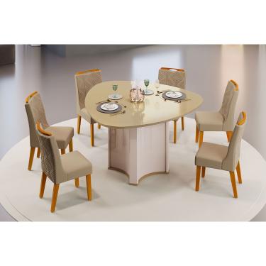 Imagem de Conjunto: Mesa Sala Jantar Chanel c/ Tampo Madeirado c/ Vidro Orgânico 136x136cm e 6 Cadeiras Stela Off White/Dourado - Ipe/Linho Bege - DJ Móveis