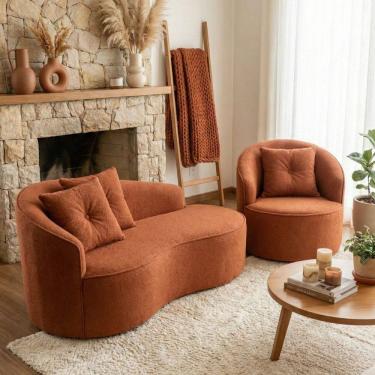 Imagem de Kit de 01 Sofá Orgânico Curvo Feijão + 01 Poltrona Confortável Sala Estúdio Amore Bouclê Terracota - Montanari`s Decor