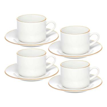 Imagem de Jogo 4 Xícara De Chá Porcelana Borda Dourada Com Pires Café Royal Premium 200ml Haüskraft