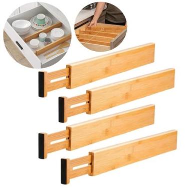 Imagem de Kit 4 Divisórias de Gaveta Armário Cozinha Organizador Ajustável Bambu