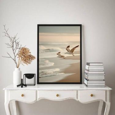 Imagem de Quadro Decorativo Nuances Bege Praia Pássaros 33X24Cm Vidro