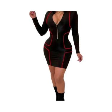 Imagem de Vestido Mini Bodycon Feminino Com Zíper, Gola Alta E Decote Em V, Mang