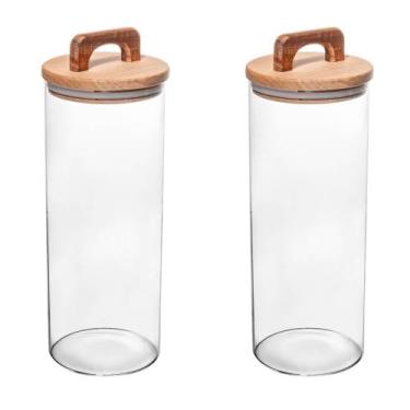 Imagem de Conjunto 02 Potes de Vidro com Tampa Hermética de Acácia 1,7L Wolff
