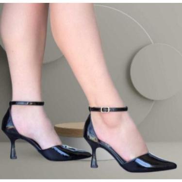 Imagem de Scarpin Preto Verniz Feminino Salto Taça Médio Bico Fino Elegante com 
