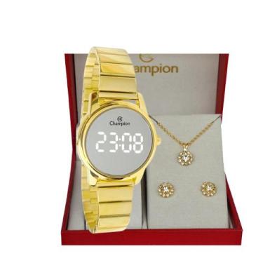 Imagem de Relogio champion digital dourado espelhado pequeno ch48215b + kit