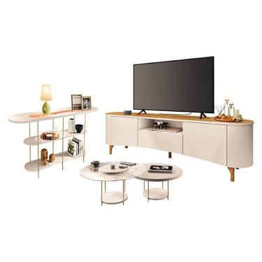 Imagem de Rack Bancada Elara Off White Cinamomo com Kit Mesa de Centro Sky e Aparador Infinity Off White - HB Móveis