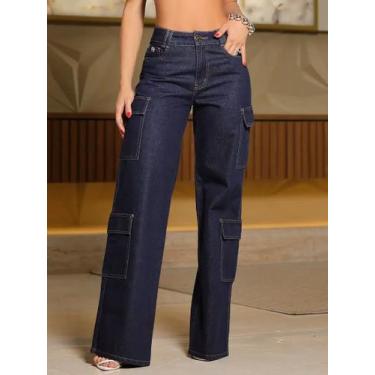 Imagem de Calça Wide Leg Cargo Sofisticada PitBull Jeans 91008 COR:AZUL ESCUROTA