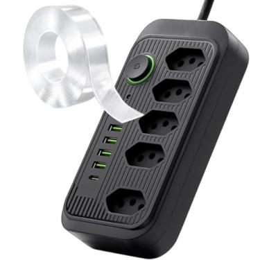 Imagem de Régua de Energia 5 Tomadas, 4 USB + 1 USB-C com Fita Dupla Face (Fixação Sem Furos), Cabo 2m, 2500W, Bivolt 110–220V, Extensão Elétrica Inteligente, Filtro de Linha Premium