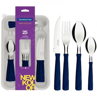 Imagem de Faqueiro New Kolor 25 Peças com Facas para Churrasco, Garfos, Colheres em Aço Inox para Mesa Azul