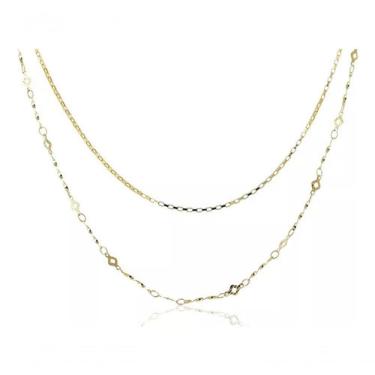 Imagem de Colar Duplo Corrente Lisa com Malha Trabalhada Folheado em Ouro 18K Hipoalergênico Feminino
