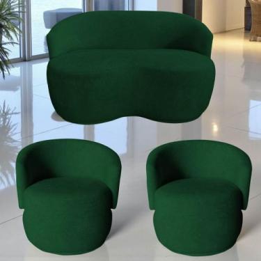 Imagem de Kit Namoradeira + 2 Poltronas Decorativa Beatriz Orgânica Bouclé Verde