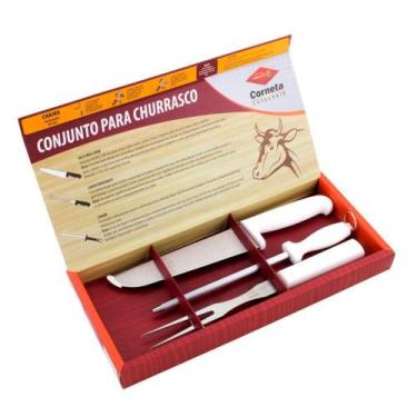 Imagem de Kit para Churrasco com Faca Chaira e Garfo Cabo Branco Corneta 75.536.