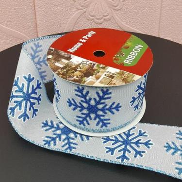 Imagem de Rolos Fita Aramada Natal Flocos Neve Azul 6,3cm 9m Kit 3pçs - Genérico