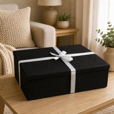 Imagem de Kit 2 Caixas de Presente Forrada Preta com Laço Tamanho G 42x15x28cm -