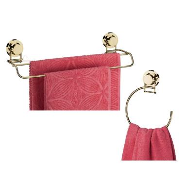 Imagem de Kit Banheiro 2 Peças Suporte Porta Toalha Toalheiro Argola Ventosa Dourado - Future