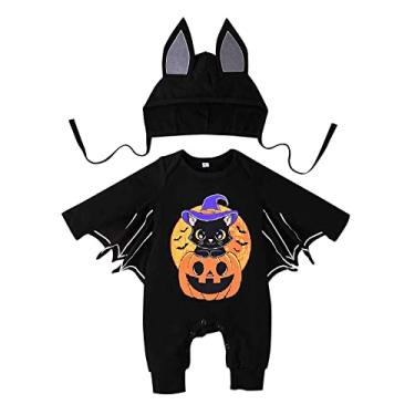 Imagem de Macacão para meninos e meninas recém-nascidos com estampas de desenhos animados de Halloween macacão fantasia infantil chapéu menino de 18 meses (preto, 6-9 meses)