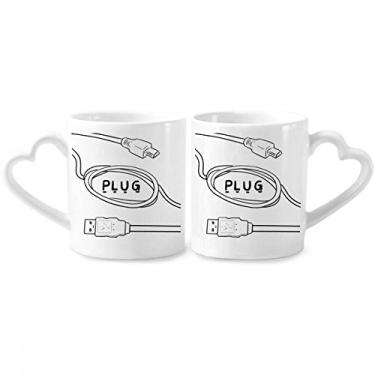 Imagem de Fio de dados USB Plug Line Desenho manual Casal Caneca Porcelana Conjunto de Cerâmica Amante Copo Punho Coração