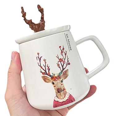 Imagem de seelucky Caneca de cervo com tampa de colher estilo nórdico copo de café de cerâmica copo de leite presente escritório casa (queridas mulheres, 450 ml)