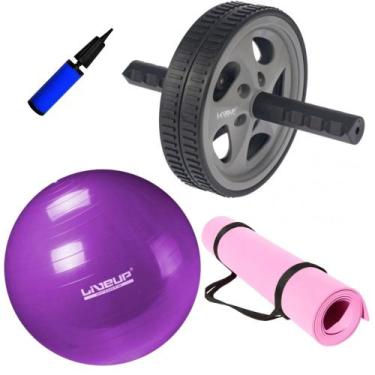 Imagem de Kit Bola 55cm Yoga E Pilates + Colchonete Eva Rosa + Roda Abdominal  M