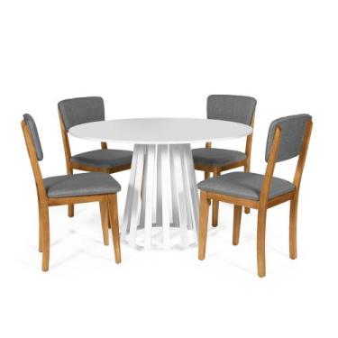 Imagem de Mesa De Jantar Redonda Gabi Branca Com 4 Cadeiras Estofadas Ella Cinza