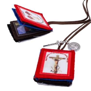 Imagem de Escapulário cinco dobras com medalha de São Bento e crucifixo | Devocional Escapulário | Proteção Espiritual Católica | Use ou pendure em casa na parede | 10 etiquetas de tecido com iconografia