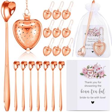 Imagem de 50 conjuntos de lembrancinhas de chá de panela para convidados, lembrancinhas de chá de coração, infusor de chá, colher de chá para chá solto com cartões de agradecimento, sacos de organza para