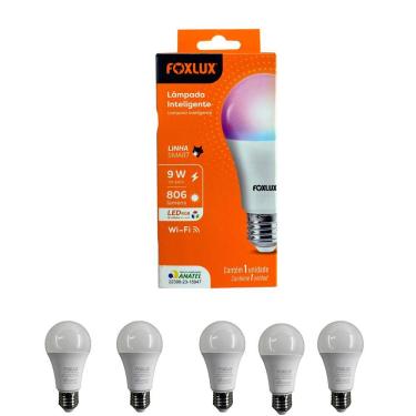 Imagem de Kit 5 Lâmpada Inteligente RGB 9W Wifi Smart Color Bivolt Foxlux