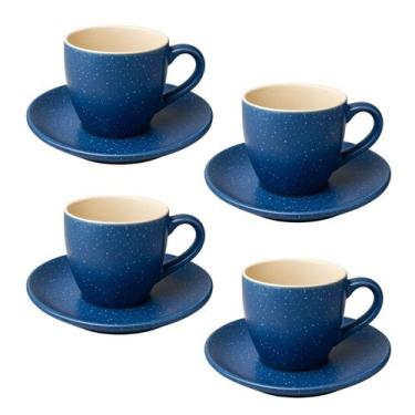 Imagem de Jogo xicara cafe pires ceramica azul canequinha 8pç 280ml - WELLMIX