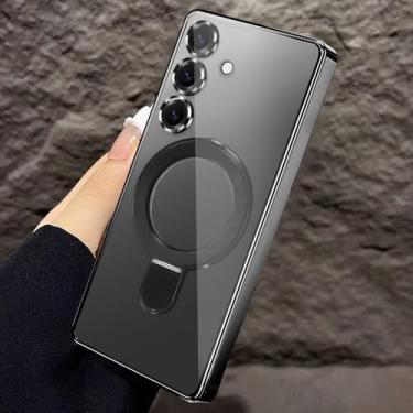 Imagem de JBJZYZZ Capa magnética para Samsung Galalxy S25 transparente com anel invisível com suporte protetor de lente de câmera integrado compatível com MagSafe Capa à prova de choque de grau militar para