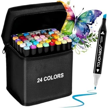 Imagem de Kit 24 Canetinhas Coloridas Ponta Dupla Marcador Permanente para Colorir Desenhos,marcadores de pincel, caligrafia e esboço, com Estojo Organizador