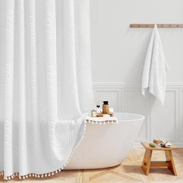 Imagem de BTTN Cortina de chuveiro extralonga – Conjunto de cortina de chuveiro de tecido listrado texturizado com folhas adornadas boho com 12 ganchos de plástico, cortinas de chuveiro decorativas de luxo para