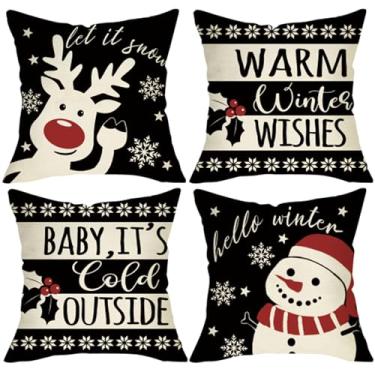 Imagem de Fjfz Warm Winter Wishes Snowman Capas de almofada decorativas 45,7 x 45,7 cm Conjunto de 4, preto Baby It's Cold Outside Rena Varanda Decoração de casa, Let It Snow Christmas Sofá Capa de almofada