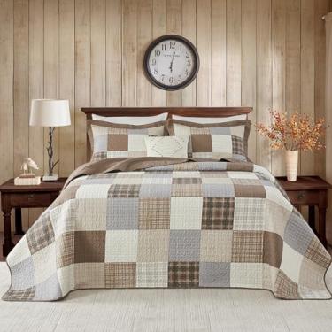 Imagem de Quilta Conjunto de cama 100% algodão Farmhouse Patchwork California King Size – 304,8 cm x 304,8 cm – macio e leve, conjunto de edredom rústico, 3 peças, cinza/cáqui/marrom/verde