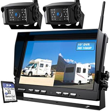 Imagem de ZEROXCLUB Sistema de câmera de backup sem fio 10" 1080P, monitor DVR dual/Quad de 25 polegadas sem fio 2 câmeras de visão traseira para RV/caminhão/reboque/campista, IP69 Sistema de gravação de sinal digital à prova d'água -BW102