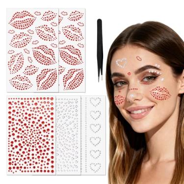 Imagem de Adesivos Faciais Autocolantes com Pinça, Strass Vermelho para Lábios Adesivos de Strass Maquiagem Olhos Cabelo e Corpo Acessórios de Joias Beijos em Festivais para Mulheres e Crianças
