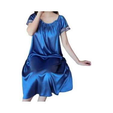 Imagem de Camisola plus Size De Seda Gelada Com Renda E Decote Em V, Pijama Long