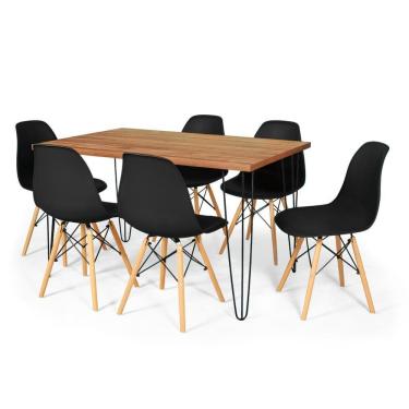 Imagem de Conjunto Mesa De Jantar Hairpin 130x80 Natural Com 6 Cadeiras Eames Eiffel - Preto