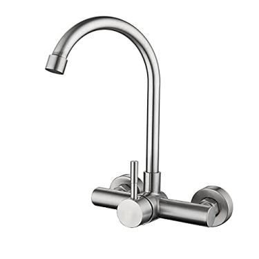 Imagem de Torneira misturadora de pia de cozinha montada na parede com bico giratório, torneira de cozinha montada na parede – feita de aço inoxidável com acabamentos de níquel escovado, torneira giratória de alça única sem chumbo