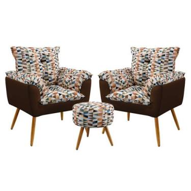Imagem de Kit 2 Poltronas Decorativas Beta com Puff Solar Sued Estampado Laranja