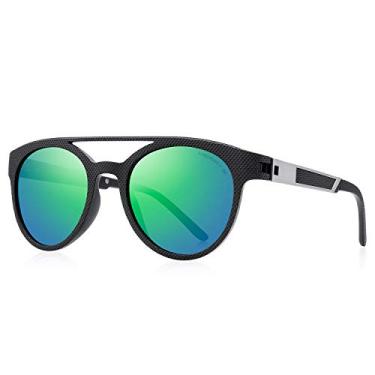 Imagem de MERRY'S Óculos de sol polarizados masculinos leves TR90 armação dupla ponte redonda, Armação preta/lente espelhada verde, Free