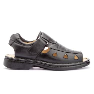 Imagem de Sandália Masculina Ortopédica Confort em Couro Macia Confortável Dedo Aberto (Preta, BR, Adulto, Numérico, 44)