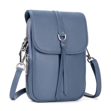 Imagem de befen Bolsa tiracolo feminina de couro legítimo, com vários bolsos para celular com compartimentos para cartões com bloqueio de RFID, Azul claro, 5" x 8" x 2"