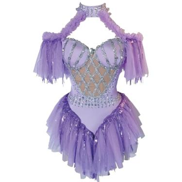 Imagem de Youmeisha Feminino Traje De Dança Balé, Collant Tule Com Lantejoulas, Body Sexy Franjas Strass, Festa Aniversário, Roxo Claro (Roxo Claro)